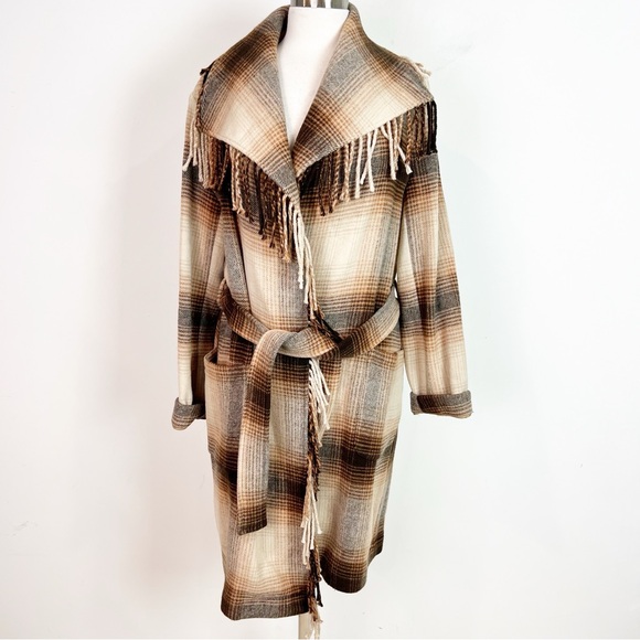 ELIE TAHARI BROWN TAN PLAID FRINGE
EDGE OPEN FRONT COAT WITH BELT LARGE - Picture 3 of 8